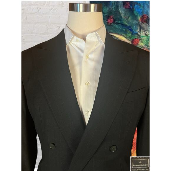 Vtg Ermenegildo Zegna 40R 30x30 Black Subtle Stripe Double Breasted Power Suit - Picture 3 of 16